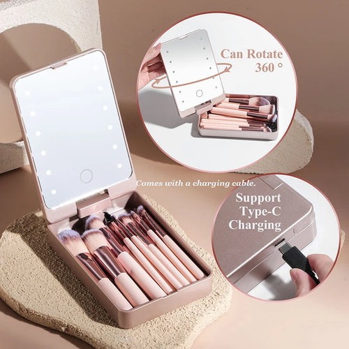 14-Piece Makeup Brush Set with Illuminated Mirror, Portable Short Handle,LED Light,USB Rechargeable Makeup Brushes