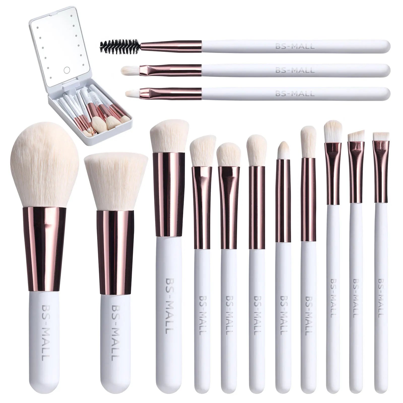 14-Piece Makeup Brush Set with Illuminated Mirror, Portable Short Handle,LED Light,USB Rechargeable Makeup Brushes