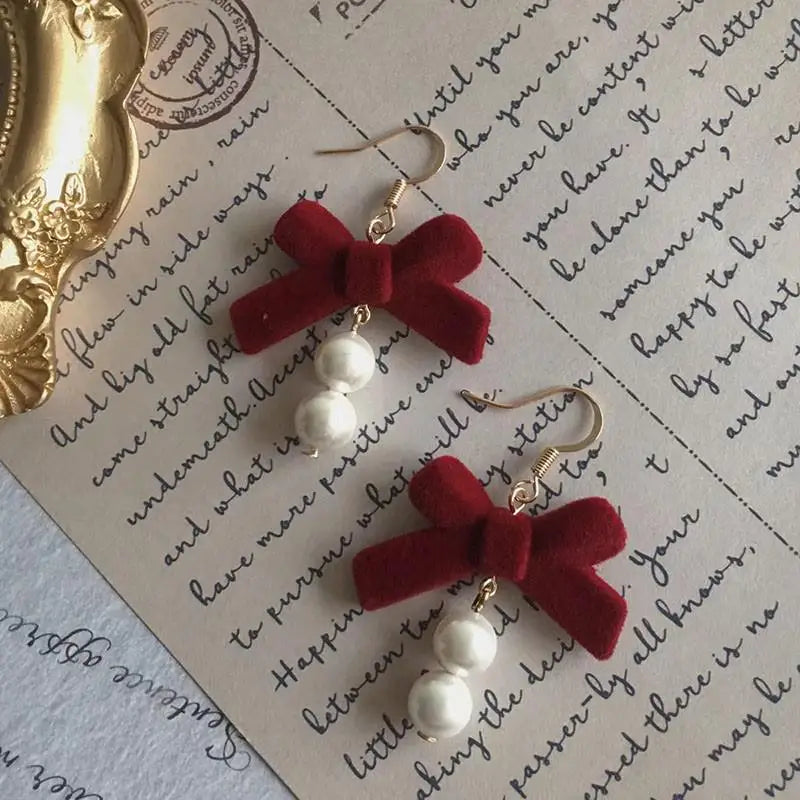 Vintage Wine Red Flocking Flower Drop Earrings For Women Jewelry 2025 Trending Long Bowknot Crystal Pearl Bridal Dress Earrings