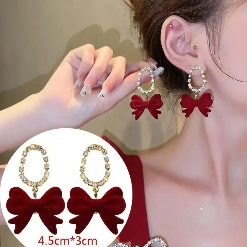 Vintage Wine Red Flocking Flower Drop Earrings For Women Jewelry 2025 Trending Long Bowknot Crystal Pearl Bridal Dress Earrings