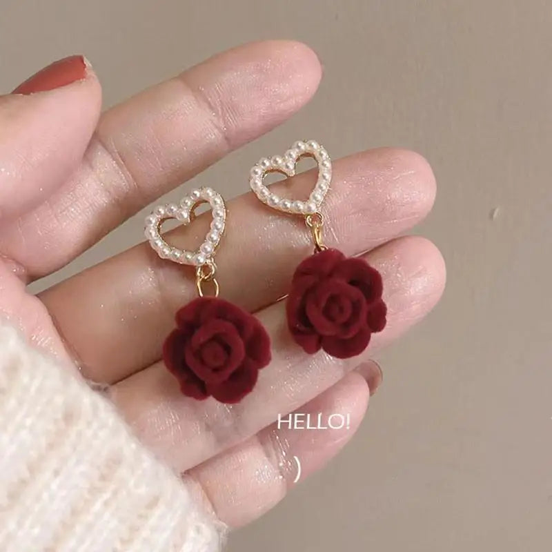 Vintage Wine Red Flocking Flower Drop Earrings For Women Jewelry 2025 Trending Long Bowknot Crystal Pearl Bridal Dress Earrings