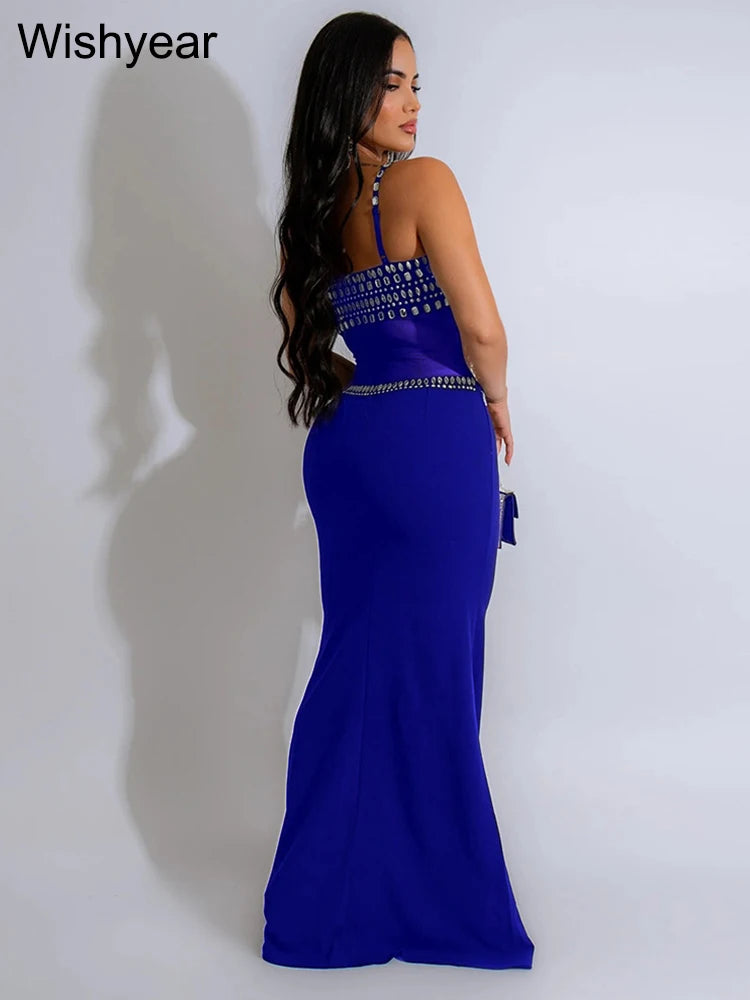 Evening Party Women Mesh See Though Strap Sleeveles Red Maxi Dress