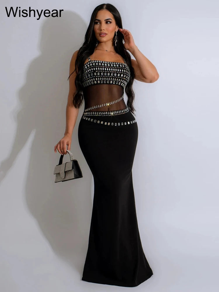 Evening Party Women Mesh See Though Strap Sleeveles Red Maxi Dress