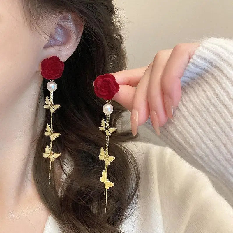 Vintage Wine Red Flocking Flower Drop Earrings For Women Jewelry 2025 Trending Long Bowknot Crystal Pearl Bridal Dress Earrings