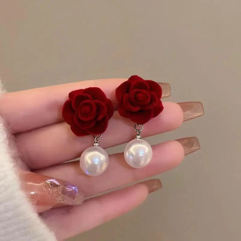 Vintage Wine Red Flocking Flower Drop Earrings For Women Jewelry 2025 Trending Long Bowknot Crystal Pearl Bridal Dress Earrings