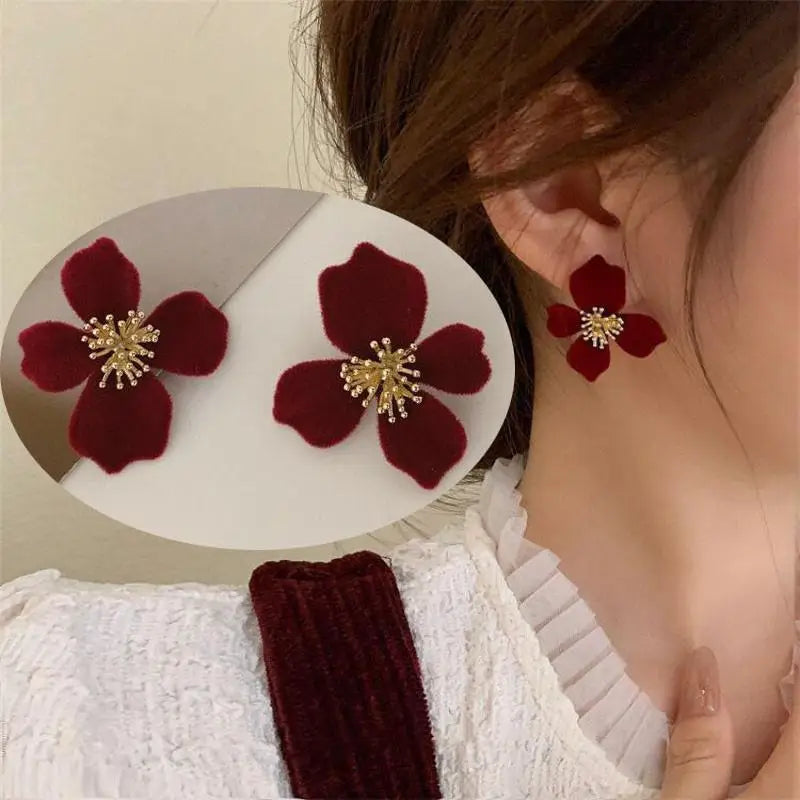 Vintage Wine Red Flocking Flower Drop Earrings For Women Jewelry 2025 Trending Long Bowknot Crystal Pearl Bridal Dress Earrings