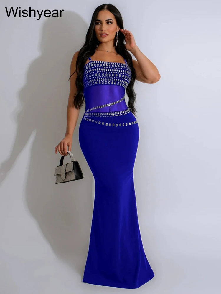 Evening Party Women Mesh See Though Strap Sleeveles Red Maxi Dress