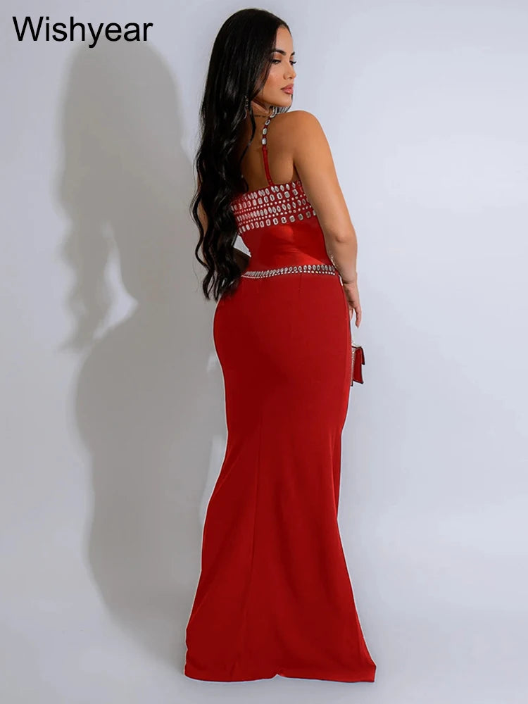 Evening Party Women Mesh See Though Strap Sleeveles Red Maxi Dress