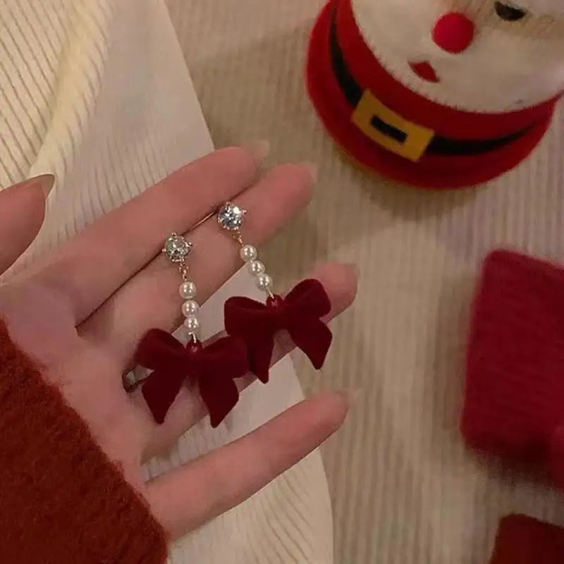 Vintage Wine Red Flocking Flower Drop Earrings For Women Jewelry 2025 Trending Long Bowknot Crystal Pearl Bridal Dress Earrings