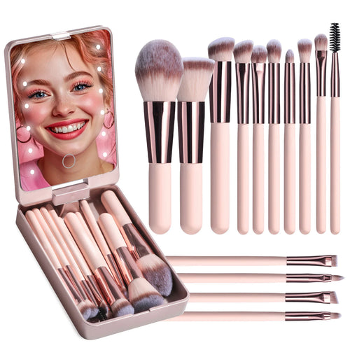 14-Piece Makeup Brush Set with Illuminated Mirror, Portable Short Handle,LED Light,USB Rechargeable Makeup Brushes