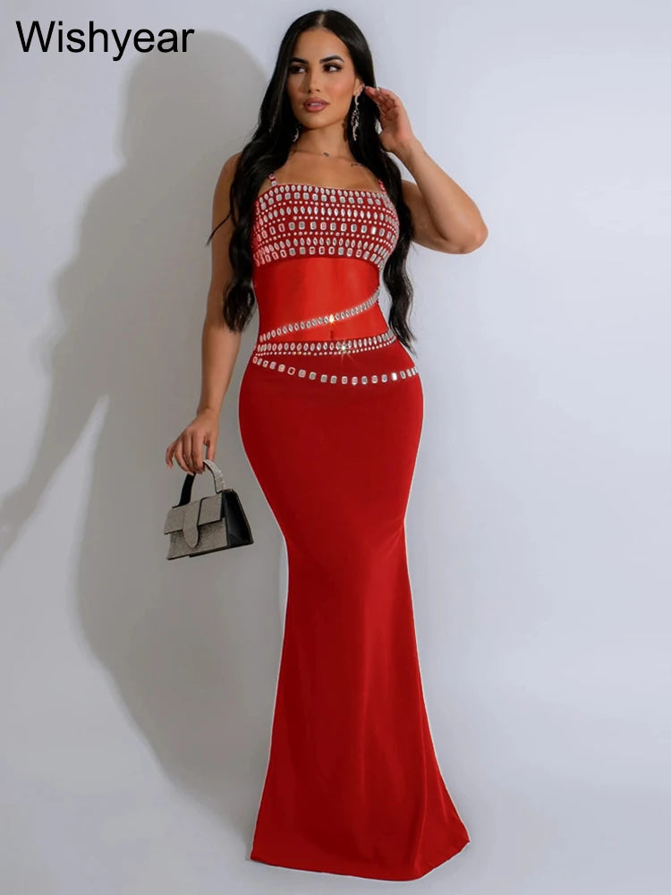 Evening Party Women Mesh See Though Strap Sleeveles Red Maxi Dress