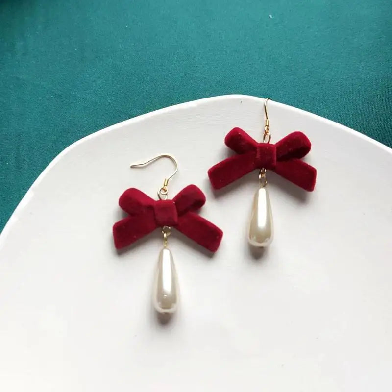 Vintage Wine Red Flocking Flower Drop Earrings For Women Jewelry 2025 Trending Long Bowknot Crystal Pearl Bridal Dress Earrings