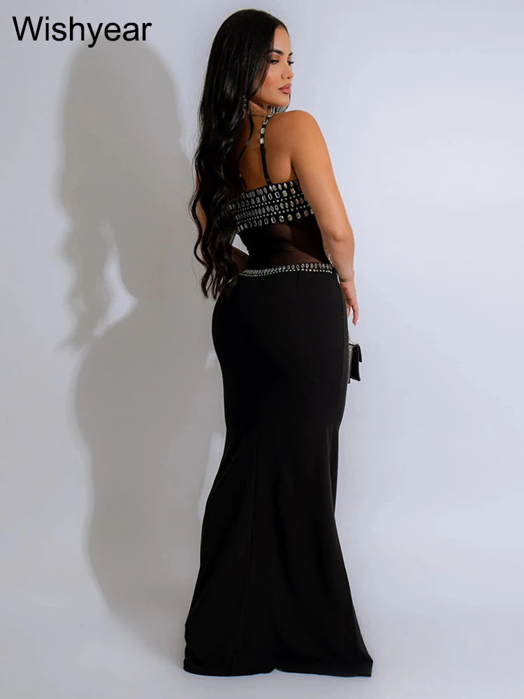 Evening Party Women Mesh See Though Strap Sleeveles Red Maxi Dress