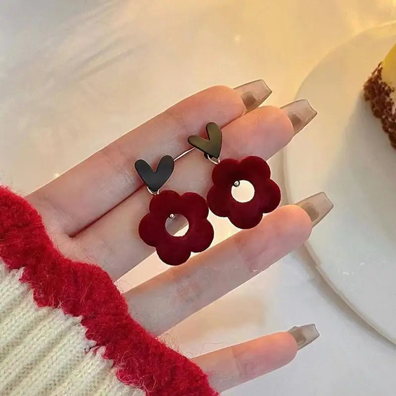 Vintage Wine Red Flocking Flower Drop Earrings For Women Jewelry 2025 Trending Long Bowknot Crystal Pearl Bridal Dress Earrings