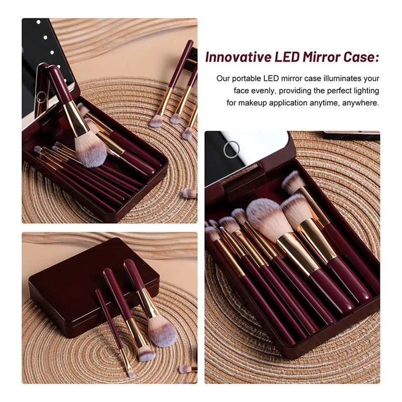 14-Piece Makeup Brush Set with Illuminated Mirror, Portable Short Handle,LED Light,USB Rechargeable Makeup Brushes