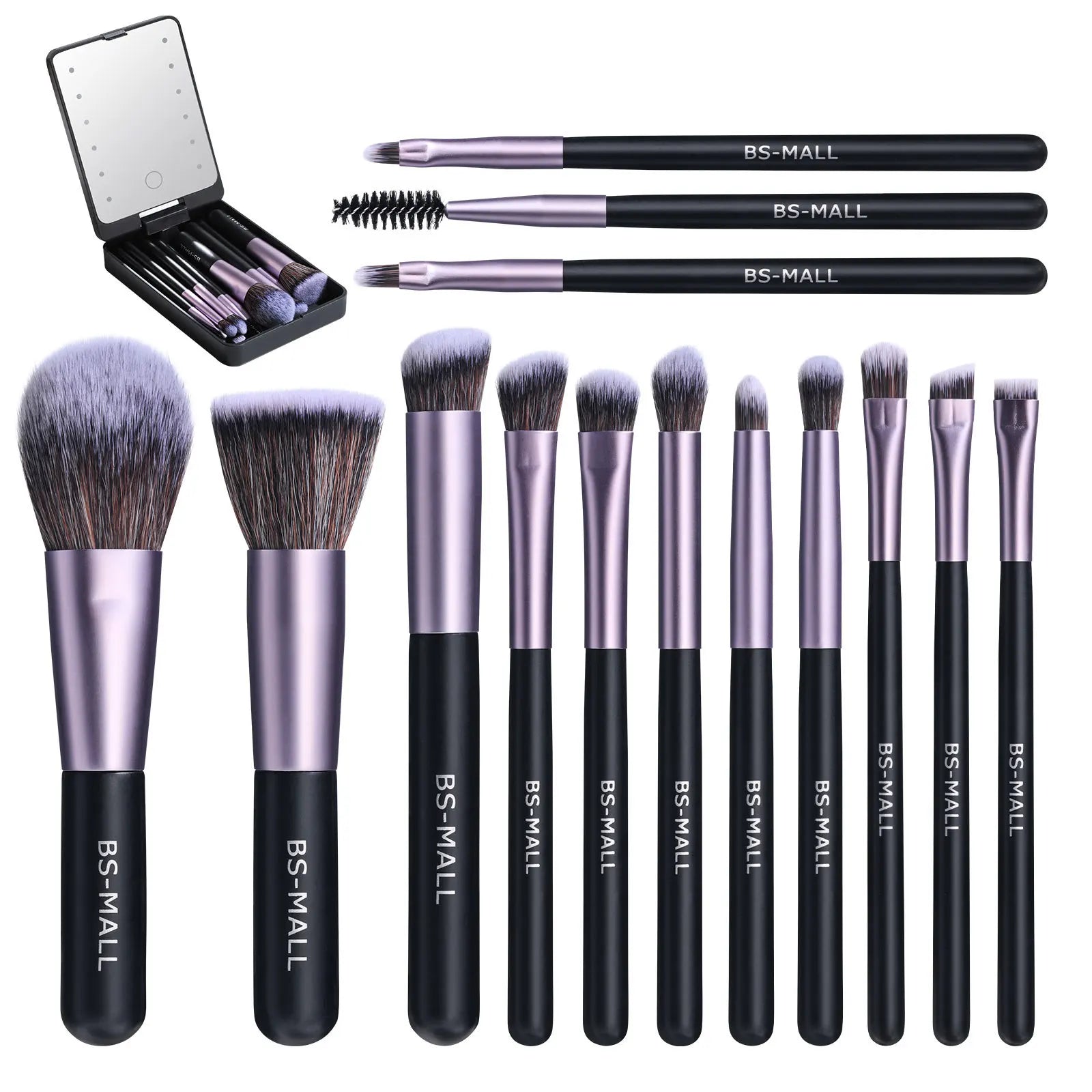 14-Piece Makeup Brush Set with Illuminated Mirror, Portable Short Handle,LED Light,USB Rechargeable Makeup Brushes