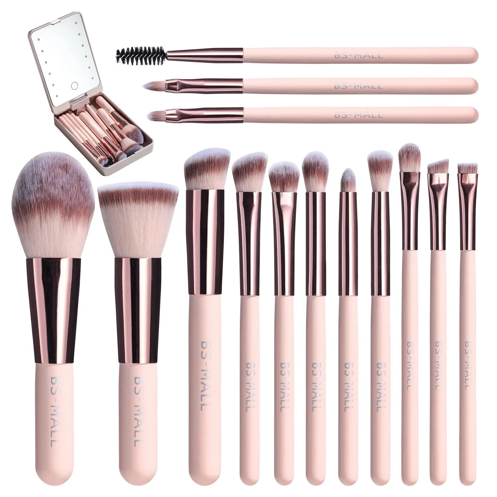 14-Piece Makeup Brush Set with Illuminated Mirror, Portable Short Handle,LED Light,USB Rechargeable Makeup Brushes