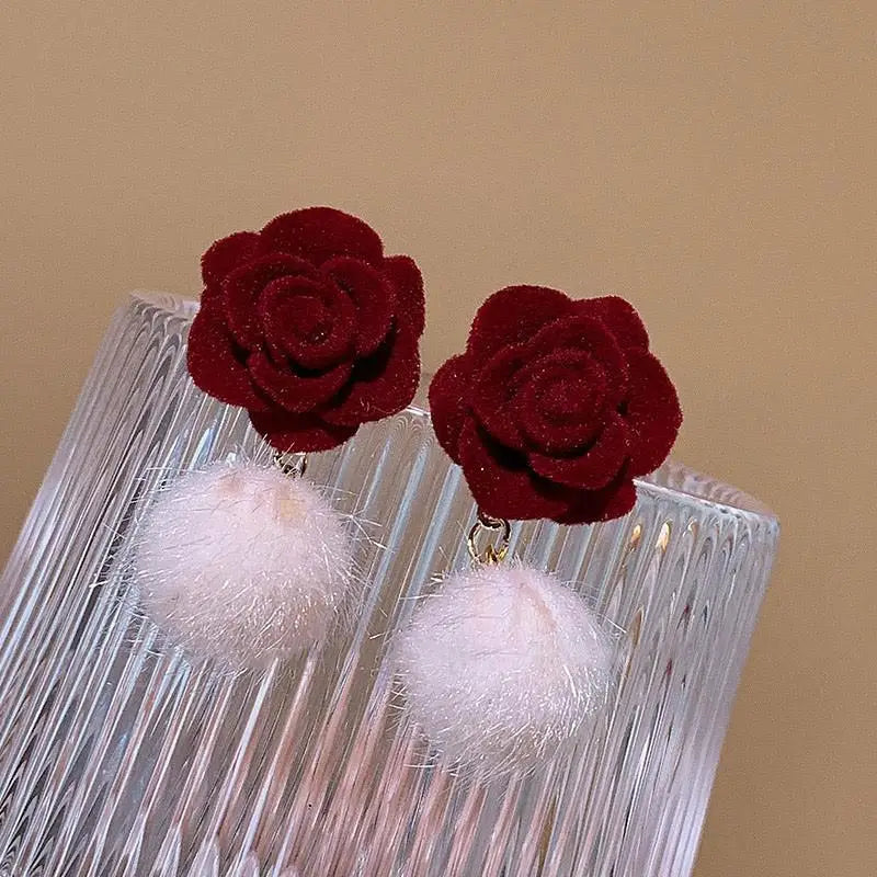 Vintage Wine Red Flocking Flower Drop Earrings For Women Jewelry 2025 Trending Long Bowknot Crystal Pearl Bridal Dress Earrings