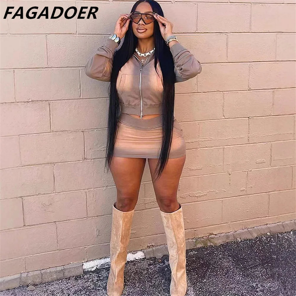 Nude mesh Two Piece Sets Women Outfits Fashion Zip Pocket Long Sleeve