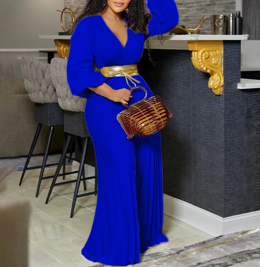 Summer Fashion African Women Long Sleeve V-neck Polyester Jumpsuit S-3XL