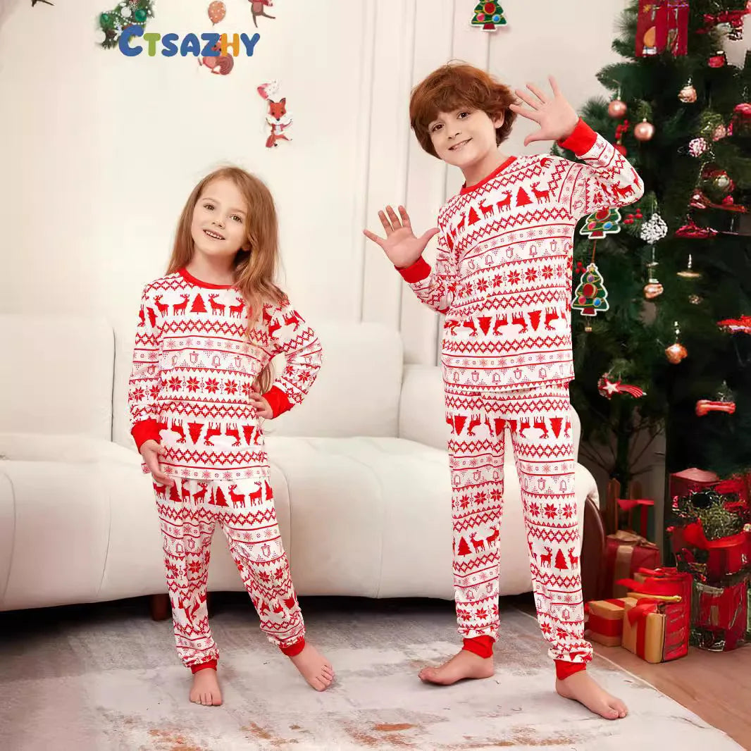 Family Christmas clothing  Elk cartoon round neck 2 pyjamas