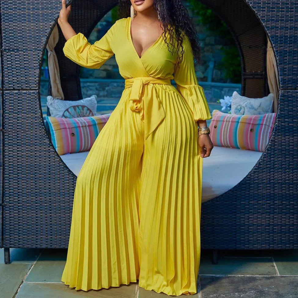 Summer Fashion African Women Long Sleeve V-neck Polyester Jumpsuit S-3XL