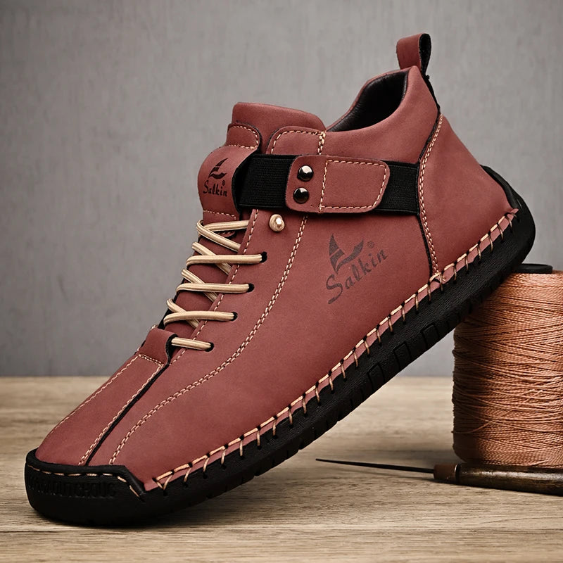 New 2025 Handmade Leather Casual Men Shoes Design Sneakers Man Breathable Leather Shoes Ankle Boots Outdoor Non Slip Walking