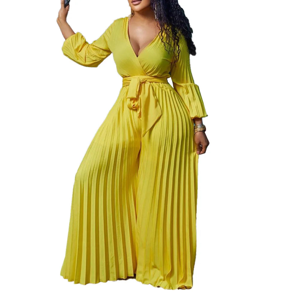 Summer Fashion African Women Long Sleeve V-neck Polyester Jumpsuit S-3XL