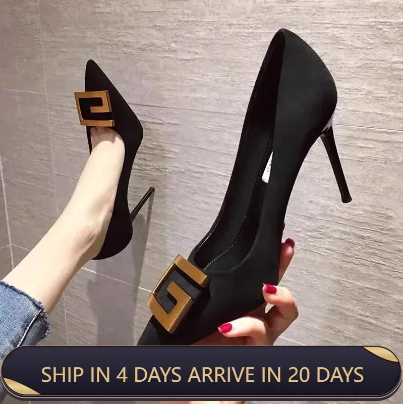 Toe High Heels Women Shoes Thin Heel Black Leather Pumps