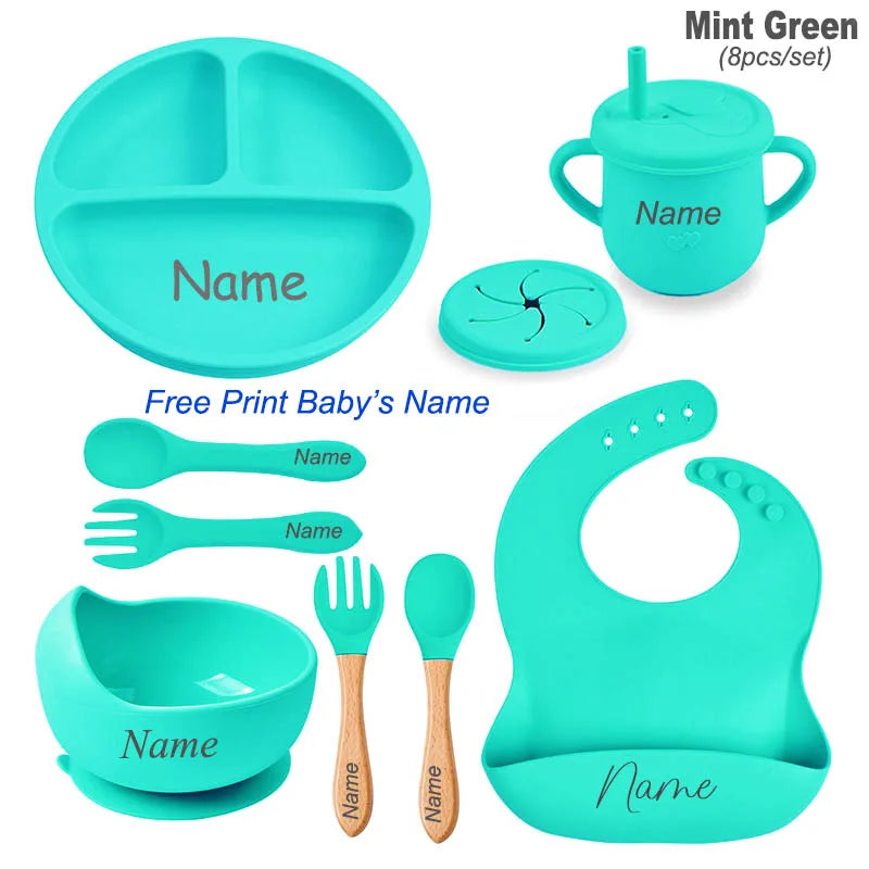 8Pcs Silicone Tableware Set Personalized Name Logo Baby Feeding Set