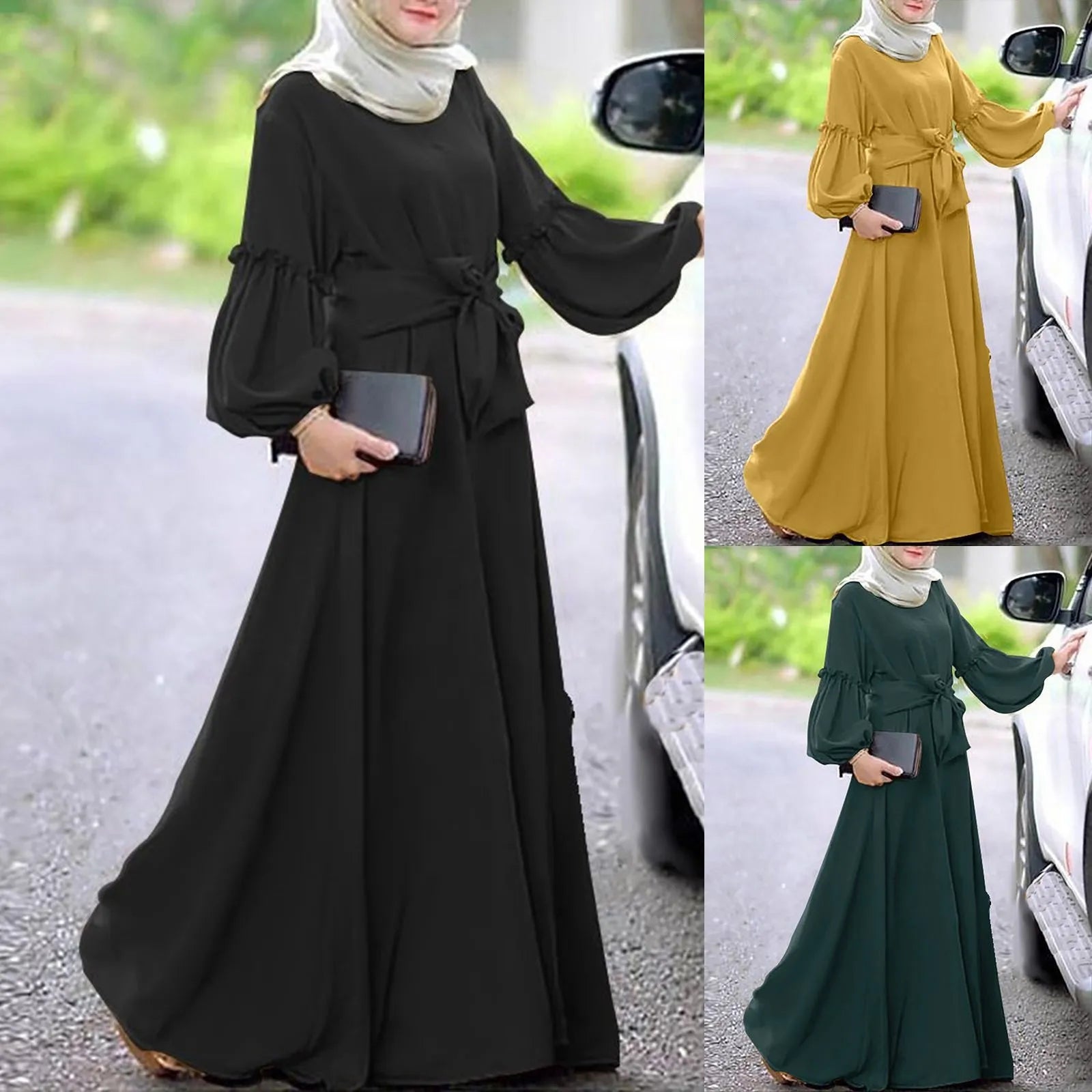 Women's Muslim Solid Long Sleeved Round Neck Ruffle Dresses Prayer