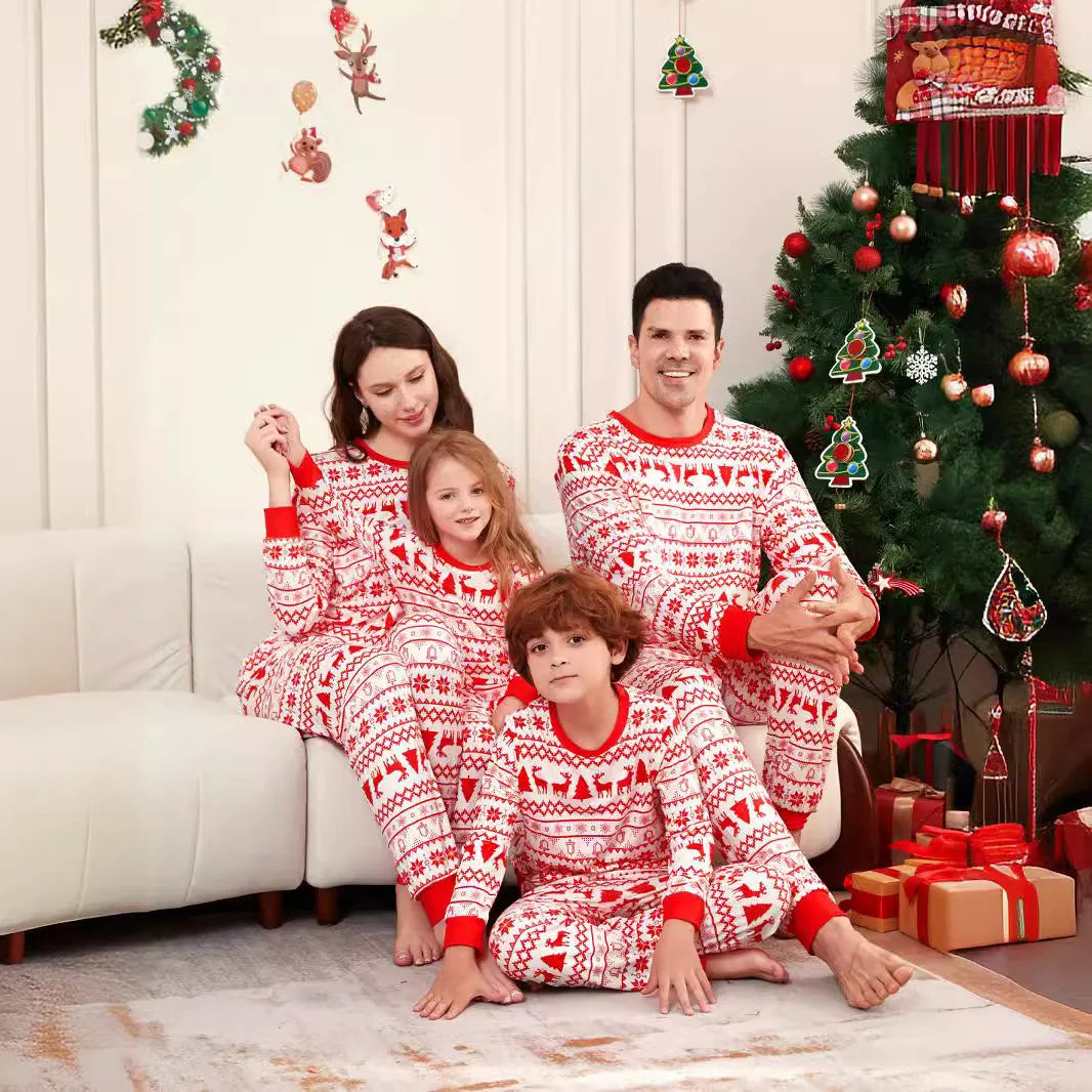 Family Christmas clothing  Elk cartoon round neck 2 pyjamas