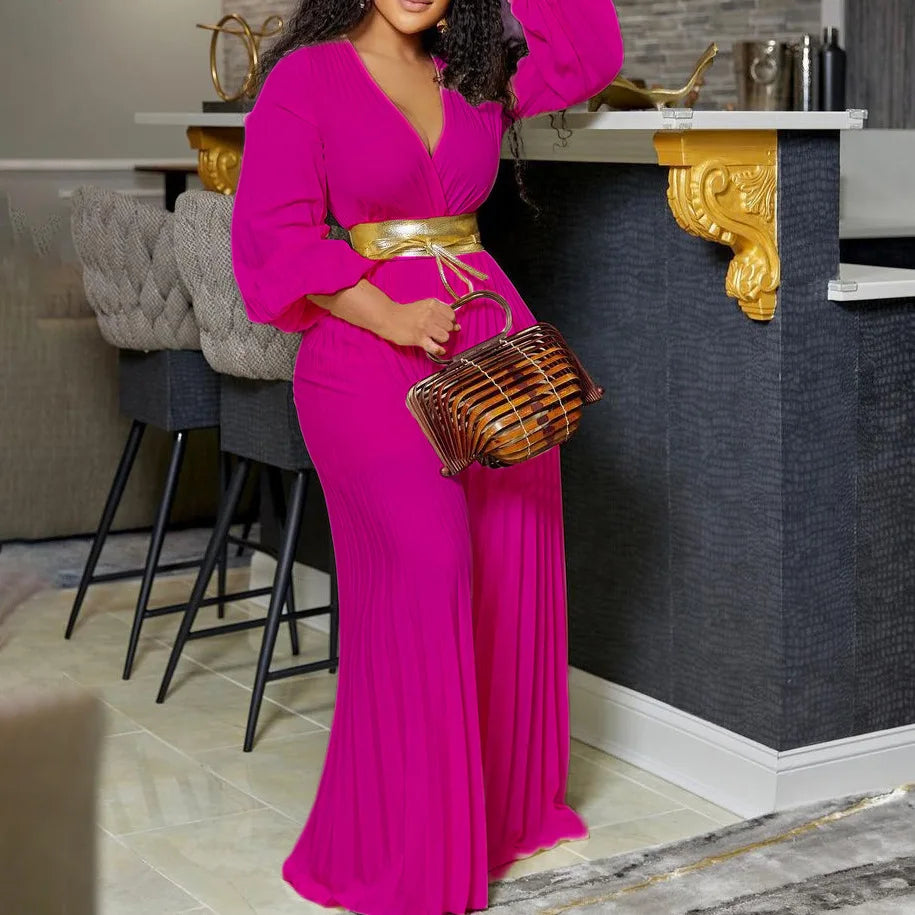 Summer Fashion African Women Long Sleeve V-neck Polyester Jumpsuit S-3XL
