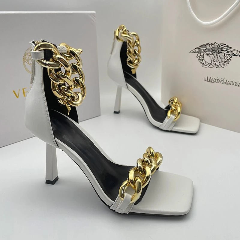 Top Version Lambskin  Belt Slim Heel Chain Toe Square High Heels