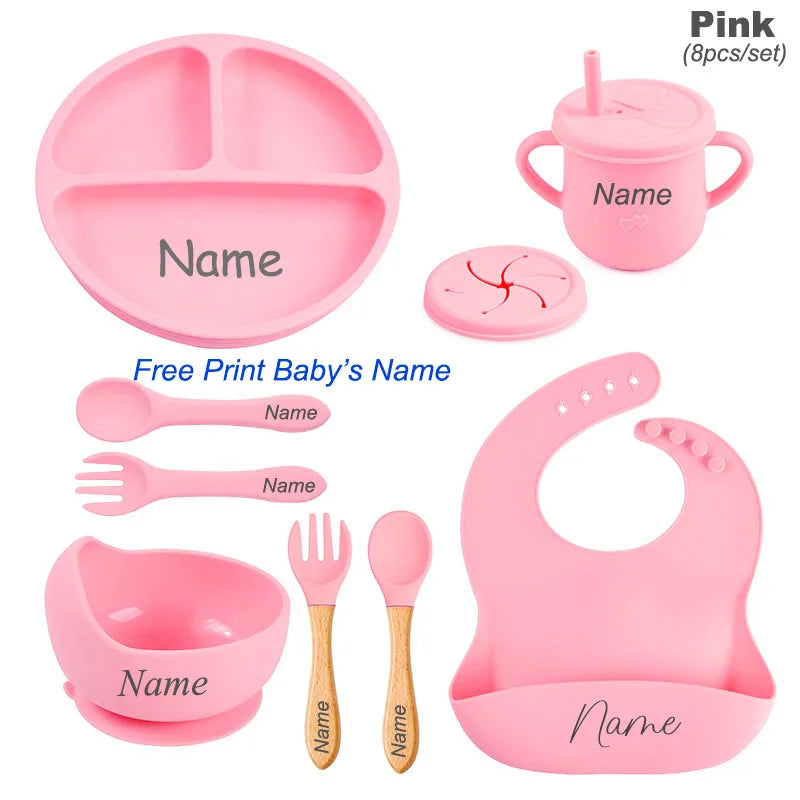 8Pcs Silicone Tableware Set Personalized Name Logo Baby Feeding Set