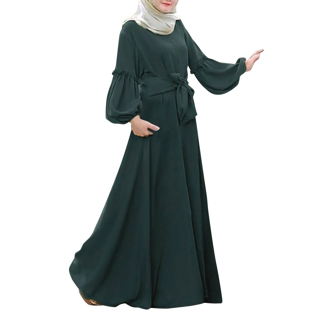 Women's Muslim Solid Long Sleeved Round Neck Ruffle Dresses Prayer