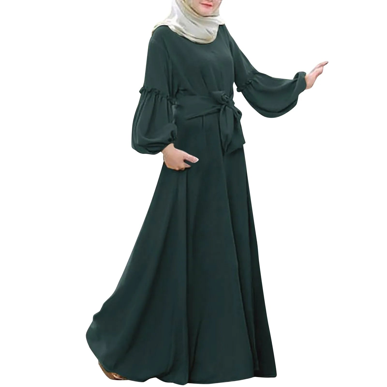Women's Muslim Solid Long Sleeved Round Neck Ruffle Dresses Prayer
