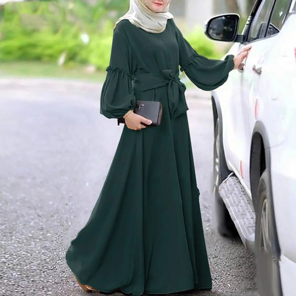 Women's Muslim Solid Long Sleeved Round Neck Ruffle Dresses Prayer